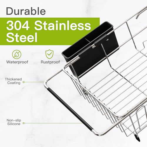 JASIWAY Dish Drying Rack in Sink, Expandable Stainless Steel Dish Drainers for Kitchen Counter, Dish Dryer Rack for Inside Sink, Over The Sink Dish Racks with Utensil Holder, Silver - My Kitchen Products