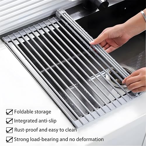 JAYWAYNE Roll Up Dish Drying Rack, Heavy Duty Stainless Steel Over The Sink Drainer, Foldable Space Saver with Heat Resistant Trivet Mat, 17.5 x 14 Inch - My Kitchen Products