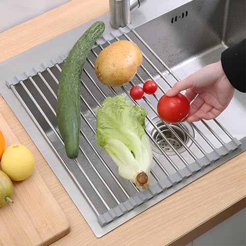 JAYWAYNE Roll Up Dish Drying Rack, Heavy Duty Stainless Steel Over The Sink Drainer, Foldable Space Saver with Heat Resistant Trivet Mat, 17.5 x 14 Inch - My Kitchen Products