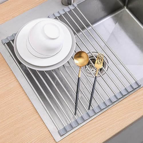 JAYWAYNE Roll Up Dish Drying Rack, Heavy Duty Stainless Steel Over The Sink Drainer, Foldable Space Saver with Heat Resistant Trivet Mat, 17.5 x 14 Inch - My Kitchen Products
