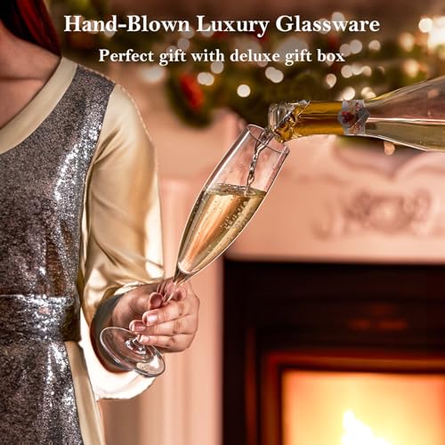 JBHO Champagne Glasses-Elegant Flutes-Gift-Box-Hand Blown Champagne Flutes Glass-100% Lead-Free Premium Crystal - Gift Idea for Wedding, Anniversary, Christmas,New Year-Set of 4-8oz, Clear - My Kitchen Products