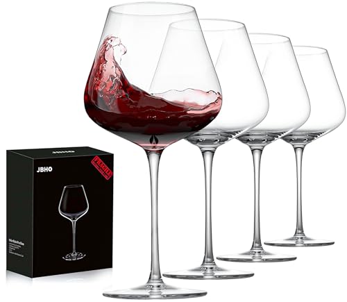 JBHO Set of 4-21 Ounce Hand Blown Italian Style Crystal Burgundy Wine Glasses, Lead-Free Premium Crystal Clear