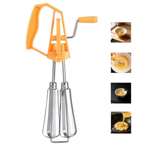 Jerliflyer Beaters hand crank,stainless steel manual mixer semi automatic push rotary whisk blender for quick rotation making cream（orange） - My Kitchen Products