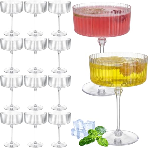 Jingmore 12 Pcs Ribbed Martini Glasses 10 oz Disposable Plastic Vintage Ribbed Coupe Glasses Unbreakable Dessert Parfait