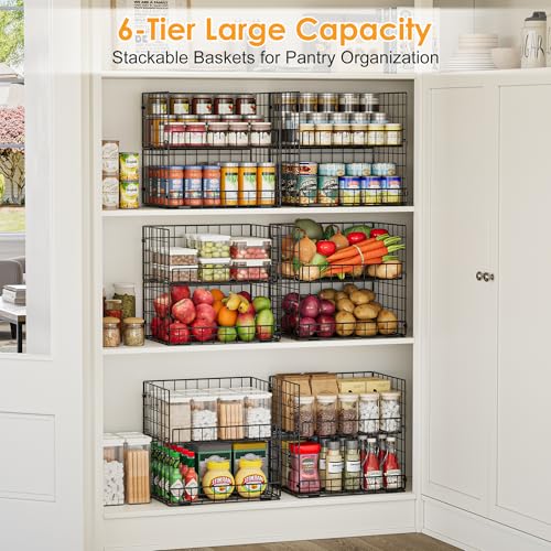 JKsmart 6-Tier Stackable Wire Basket, Can Organizer for Pantry Kitchen, XXL Metal Storage Shelves with Dividers & Handles, Easy Assembly Space Saving Storage Bins for Snacks Fruits Veggies - My Kitchen Products