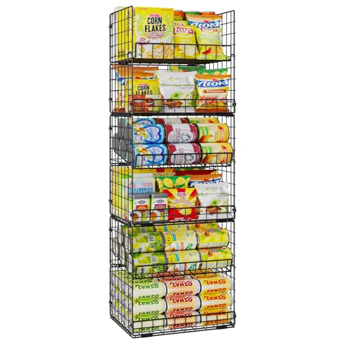 JKsmart 6-Tier Stackable Wire Basket, Can Organizer for Pantry Kitchen, XXL Metal Storage Shelves with Dividers &