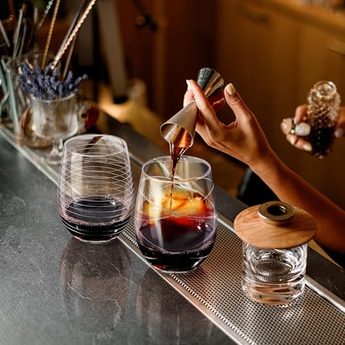 Joeyan Hand Blown Etched Stemless Wine Glasses with Dots Strips Pattern for Red Wine,Large Carved Drinking Glass Cups Tumblers for Wedding Anniversary Party Home,Set of 4,17.5 oz - My Kitchen Products