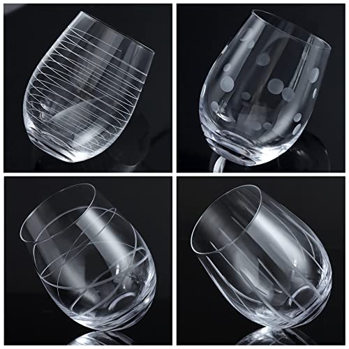 Joeyan Hand Blown Etched Stemless Wine Glasses with Dots Strips Pattern for Red Wine,Large Carved Drinking Glass Cups Tumblers for Wedding Anniversary Party Home,Set of 4,17.5 oz - My Kitchen Products