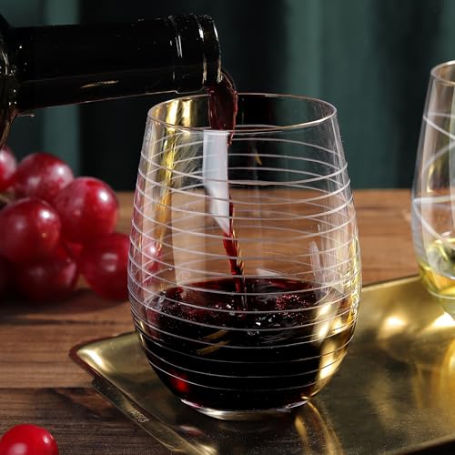 Joeyan Hand Blown Etched Stemless Wine Glasses with Dots Strips Pattern for Red Wine,Large Carved Drinking Glass Cups Tumblers for Wedding Anniversary Party Home,Set of 4,17.5 oz - My Kitchen Products