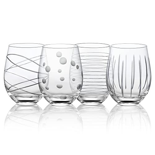 Joeyan Hand Blown Etched Stemless Wine Glasses with Dots Strips Pattern for Red Wine,Large Carved Drinking Glass Cups