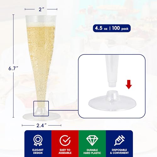 JOLLY CHEF 100 Pack Plastic Champagne Flutes Disposable 4.5 oz Clear Plastic Champagne Glasses Suitable for Wedding, Thanksgiving Day, Christmas - My Kitchen Products