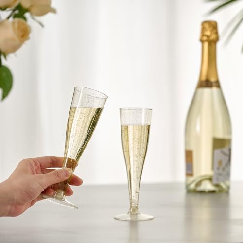 JOLLY CHEF 100 Pack Plastic Champagne Flutes Disposable 4.5 oz Gold Glitter Plastic Champagne Glasses for Wedding, Thanksgiving Day, Christmas - My Kitchen Products