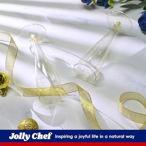 JOLLY CHEF 100 Pack Plastic Champagne Flutes Disposable 4.5 oz Gold Glitter Plastic Champagne Glasses for Wedding, Thanksgiving Day, Christmas - My Kitchen Products