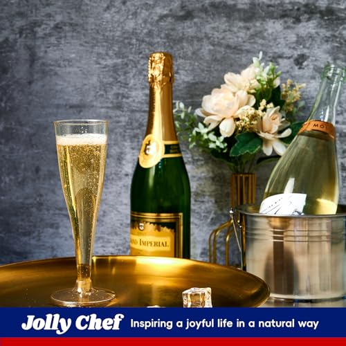 JOLLY CHEF 100 Pack Plastic Champagne Flutes Disposable 4.5 oz Gold Glitter Plastic Champagne Glasses for Wedding, Thanksgiving Day, Christmas - My Kitchen Products