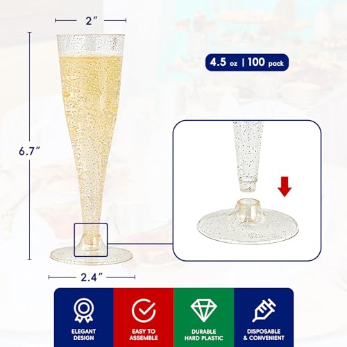 JOLLY CHEF 100 Pack Plastic Champagne Flutes Disposable 4.5 oz Gold Glitter Plastic Champagne Glasses for Wedding, Thanksgiving Day, Christmas - My Kitchen Products