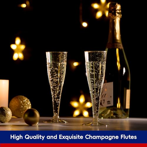 JOLLY CHEF 100 Pack Plastic Champagne Flutes Disposable 4.5 oz Gold Glitter Plastic Champagne Glasses for Wedding, Thanksgiving Day, Christmas - My Kitchen Products