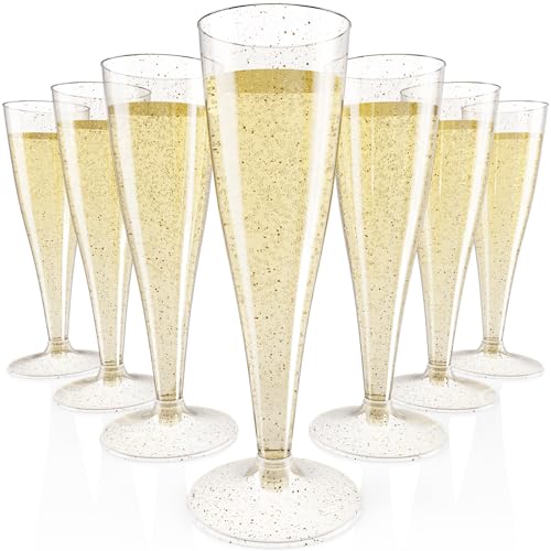 JOLLY CHEF 100 Pack Plastic Champagne Flutes Disposable 4.5 oz Gold Glitter Plastic Champagne Glasses for Wedding