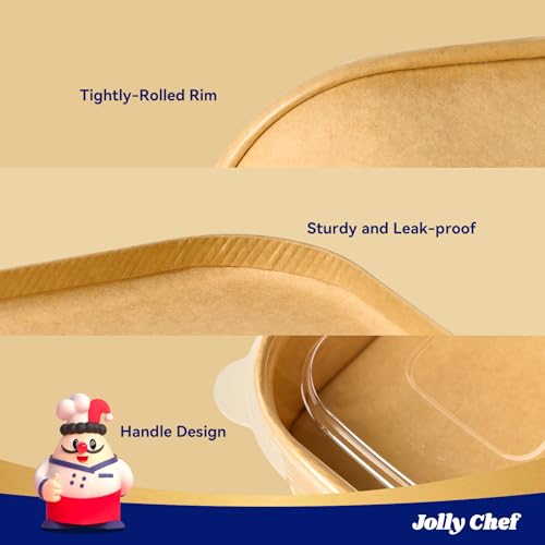 JOLLY CHEF 25 oz 50 Pack Paper Meal Prep Containers with Lids, Rectangular Disposable Food Containers, Brown Paper Bowls with Lids for Thanksgiving, Christmas, Parties - My Kitchen Products