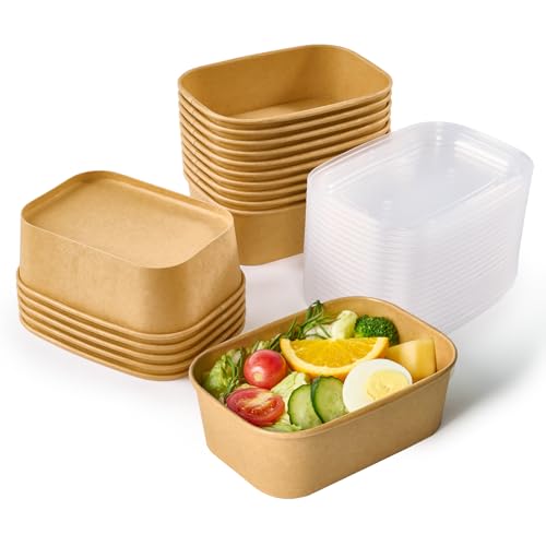JOLLY CHEF 25 oz 50 Pack Paper Meal Prep Containers with Lids, Rectangular Disposable Food Containers, Brown Paper Bowls with Lids for Thanksgiving, Christmas, Parties - My Kitchen Products