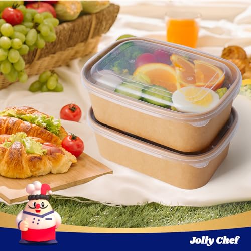 JOLLY CHEF 25 oz 50 Pack Paper Meal Prep Containers with Lids, Rectangular Disposable Food Containers, Brown Paper Bowls with Lids for Thanksgiving, Christmas, Parties - My Kitchen Products
