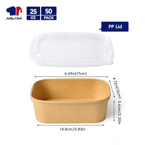 JOLLY CHEF 25 oz 50 Pack Paper Meal Prep Containers with Lids, Rectangular Disposable Food Containers, Brown Paper Bowls with Lids for Thanksgiving, Christmas, Parties - My Kitchen Products