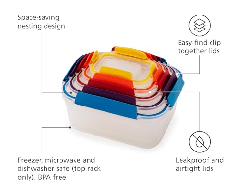 Joseph Joseph Nest Lock Plastic BPA Free Food Storage Container Set with Lockable Airtight Leakproof Lids, 10-Piece, Multi-Color - My Kitchen Products
