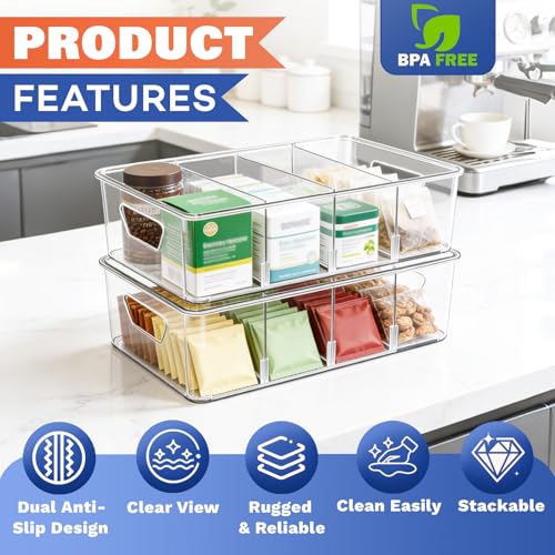 JOVANJA Stackable 4-Compartment Pantry Organizers and Storage, Clear Plastic Storage Bins with Removable Dividers Suitable for Pantry, Office, Kitchen, Cabinet & Fridge Organization, 2-Pack - My Kitchen Products