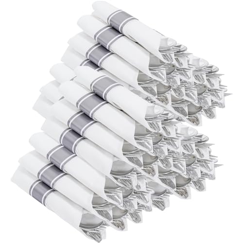 Joyido 400PCS Pre Rolled Silver Plastic Silverware Sets, Heavy Duty Silver