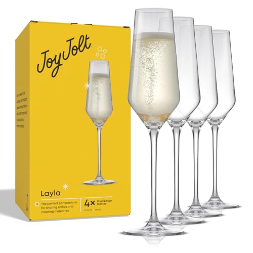 JoyJolt Champagne Glasses Layla Collection, Set of 4 - 6.7 oz Elegant Crystal Stemmed Champagne Flutes for Prosecco