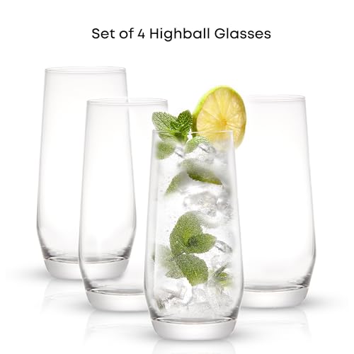 JoyJolt Gwen 18.5 oz Highball Glasses, 4pc Tall Glass Sets. Lead-Free Crystal Glass Drinking Glasses. Water Glasses, Mojito Glass Cups, Tom Collins Bar Glassware, and Mixed Drink Cocktail Glass Set - My Kitchen Products