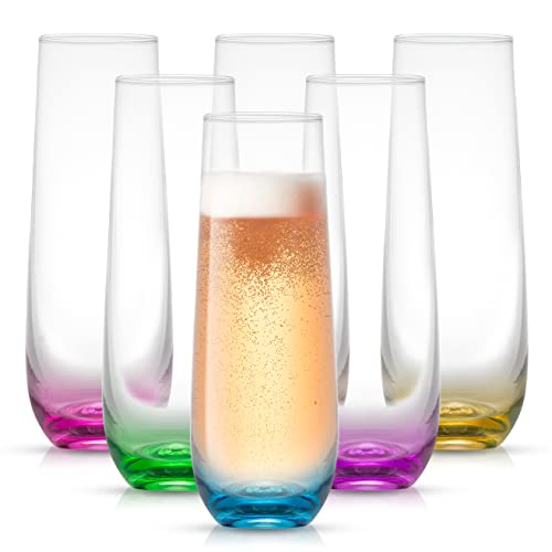 JoyJolt Hue Stemless Champagne Flutes Set of 6 Colored Glasses, 9.5oz Cocktail Glass Set for Mimosa, Stemless Champagne