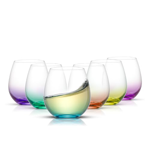 JoyJolt Hue Stemless Wine Glass Set, Large 15 oz Stemless Wine Glasses Set of 6 for White Red or Water, Short Glass