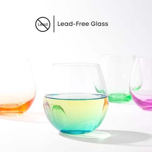 JoyJolt Hue Stemless Wine Glass Set, Large 15 oz Stemless Wine Glasses Set of 6 for White Red or Water, Short Glass Tumblers, No Stem Margarita Glasses, Colored Tumbler - My Kitchen Products