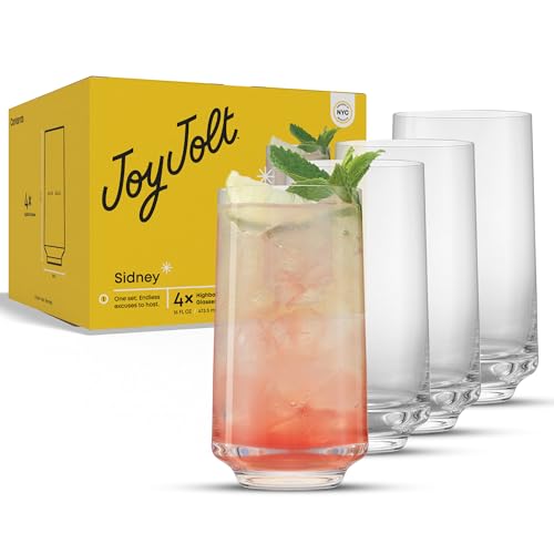 JoyJolt Sidney Highball Glasses Set of 4, 16 oz Drinking Glasses for Water, Soda, Cocktail, Mojito, Tom Collins, Tall Glass