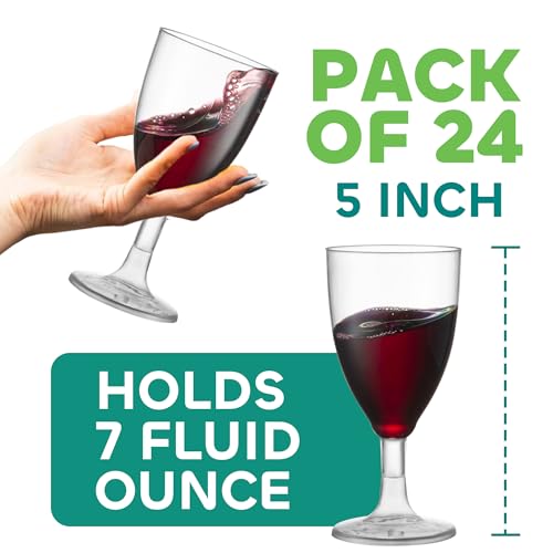 JoyServe 24 Plastic Wine Glasses Disposable - 7 Oz Clear BPA-Free Plastic Glasses with Stem, Reusable Party Wine Cups for Outdoor Parties, Weddings, Toasts, Drinks, Catering (Bulk Pack of 24) - My Kitchen Products
