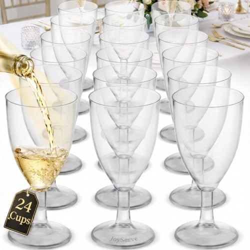 JoyServe 24 Plastic Wine Glasses Disposable - 7 Oz Clear BPA-Free Plastic Glasses with Stem, Reusable Party Wine Cups