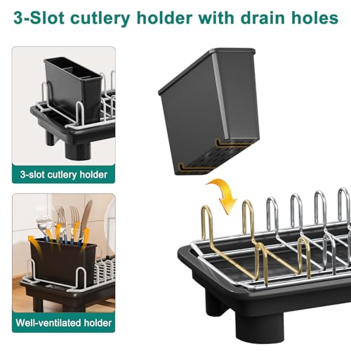 junyuan Compact Dish Drying Rack,Small Dish Rack for Kitchen Counter, Dish Drainer with 360° Rotatable Spout,Plate Rack, Dish Strainer with Cutlery Holder for Pots, Fork & Knives Space Saving - My Kitchen Products