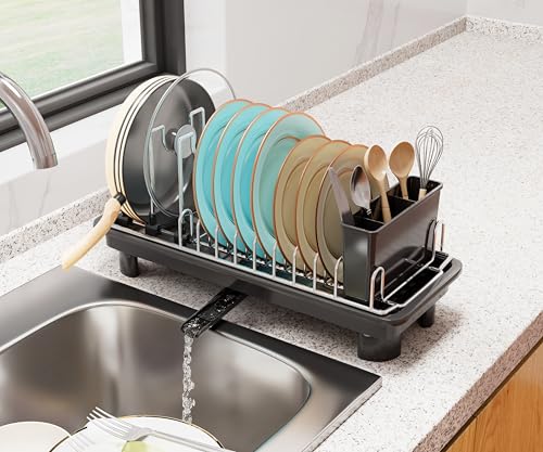 junyuan Compact Dish Drying Rack,Small Dish Rack for Kitchen Counter, Dish Drainer with 360° Rotatable Spout,Plate Rack, Dish Strainer with Cutlery Holder for Pots, Fork & Knives Space Saving - My Kitchen Products