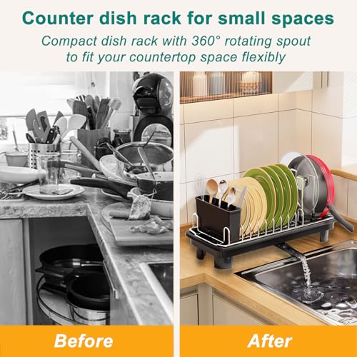 junyuan Compact Dish Drying Rack,Small Dish Rack for Kitchen Counter, Dish Drainer with 360° Rotatable Spout,Plate Rack, Dish Strainer with Cutlery Holder for Pots, Fork & Knives Space Saving - My Kitchen Products