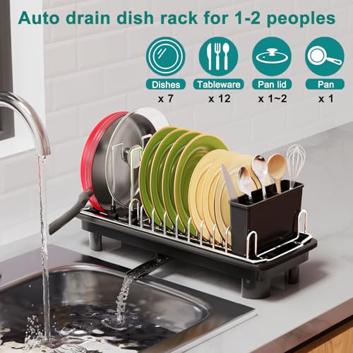 junyuan Compact Dish Drying Rack,Small Dish Rack for Kitchen Counter, Dish Drainer with 360° Rotatable Spout,Plate Rack, Dish Strainer with Cutlery Holder for Pots, Fork & Knives Space Saving - My Kitchen Products