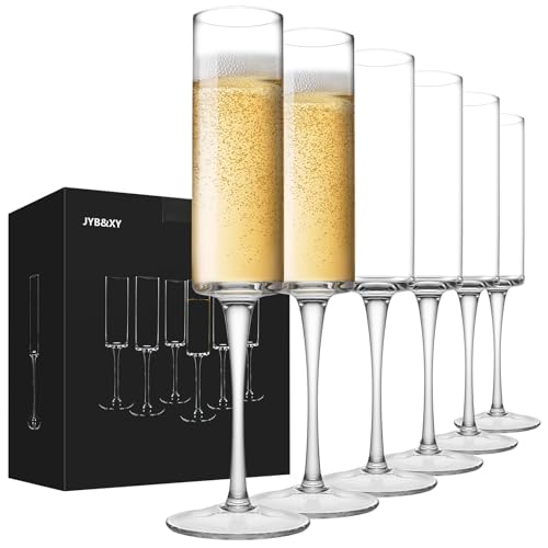 JYB&XY Champagne Flutes Set of 6 Hand Blown Elegant Champagne Glasses With Long Stem Elegant Sparkling Wine Stemware 6.5oz
