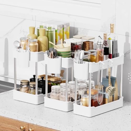 JYSMYWS 3 Pack Under Sink Organizer Bathroom and Storage Cabinet (White) - My Kitchen Products