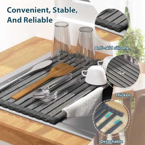 KABUM 17.72x11.81 Heavy-Duty Aluminum Alloy Roll Up Dish Drying Rack, Food-Safe Coating with Anti-Skid Silicone, Extra Wide & Thickened Sink Drying Rack for Kitchen Counter, Space-Saving Organizer - My Kitchen Products