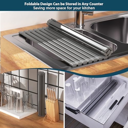 KABUM 17.72x11.81 Heavy-Duty Aluminum Alloy Roll Up Dish Drying Rack, Food-Safe Coating with Anti-Skid Silicone, Extra Wide & Thickened Sink Drying Rack for Kitchen Counter, Space-Saving Organizer - My Kitchen Products
