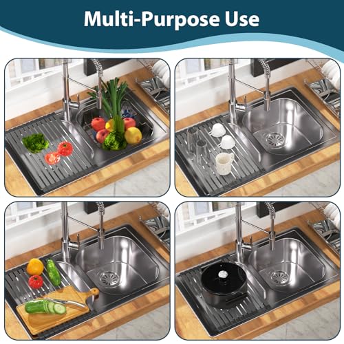 KABUM 17.72x11.81 Heavy-Duty Aluminum Alloy Roll Up Dish Drying Rack, Food-Safe Coating with Anti-Skid Silicone, Extra Wide & Thickened Sink Drying Rack for Kitchen Counter, Space-Saving Organizer - My Kitchen Products