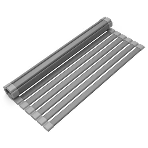KABUM 17.72x11.81 Heavy-Duty Aluminum Alloy Roll Up Dish Drying Rack, Food-Safe Coating with Anti-Skid Silicone, Extra Wide & Thickened Sink Drying Rack for Kitchen Counter, Space-Saving Organizer - My Kitchen Products