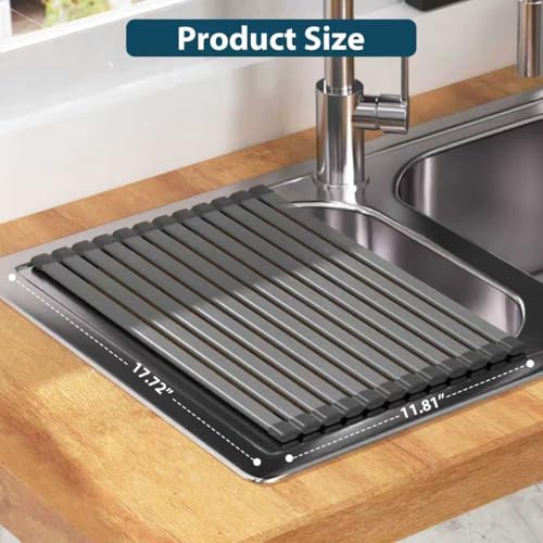 KABUM 17.72x11.81 Heavy-Duty Aluminum Alloy Roll Up Dish Drying Rack, Food-Safe Coating with Anti-Skid Silicone, Extra Wide & Thickened Sink Drying Rack for Kitchen Counter, Space-Saving Organizer - My Kitchen Products