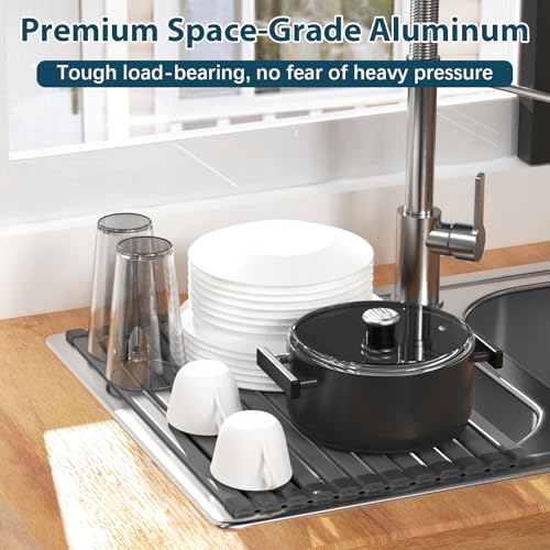 KABUM 17.72x11.81 Heavy-Duty Aluminum Alloy Roll Up Dish Drying Rack, Food-Safe Coating with Anti-Skid Silicone, Extra Wide & Thickened Sink Drying Rack for Kitchen Counter, Space-Saving Organizer - My Kitchen Products