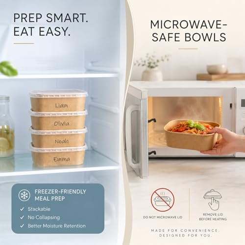 Kaderron 50 Pack 32 OZ Large Paper Bowls with Lids, Heavy Duty Disposable Compostable Container for Party, Disposable Bowls Bulk Soak-Proof and Microwave Safe for Hot/Cold Use(32OZ-50PACK) - My Kitchen Products