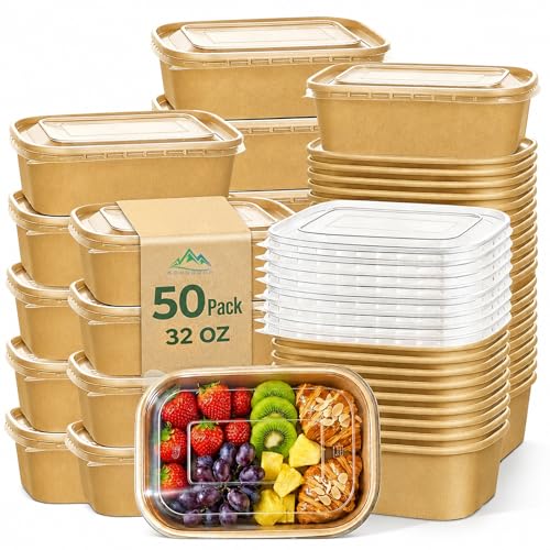 Kaderron 50 Pack 32 OZ Large Paper Bowls with Lids, Heavy Duty Disposable Compostable Container for Party, Disposable Bowls Bulk Soak-Proof and Microwave Safe for Hot/Cold Use(32OZ-50PACK) - My Kitchen Products